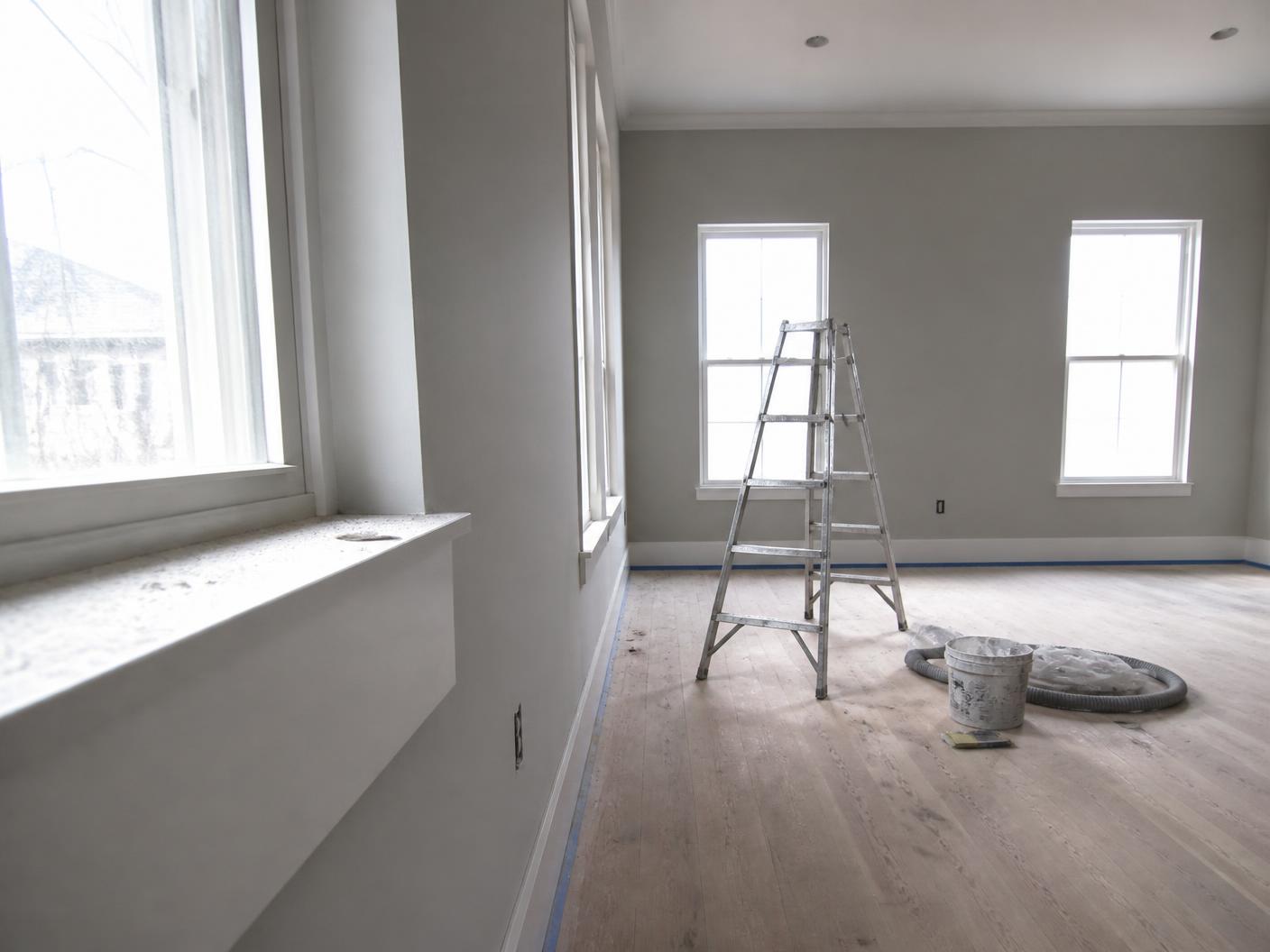 Newly renovated room with construction dust on the windowsill and floor